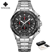 2024 WWOOR Men's Watch Top Brand Luxury Black Wrist Watch Fashion Sports Chronograph Steel Quartz Men Watches Relogio Masculino