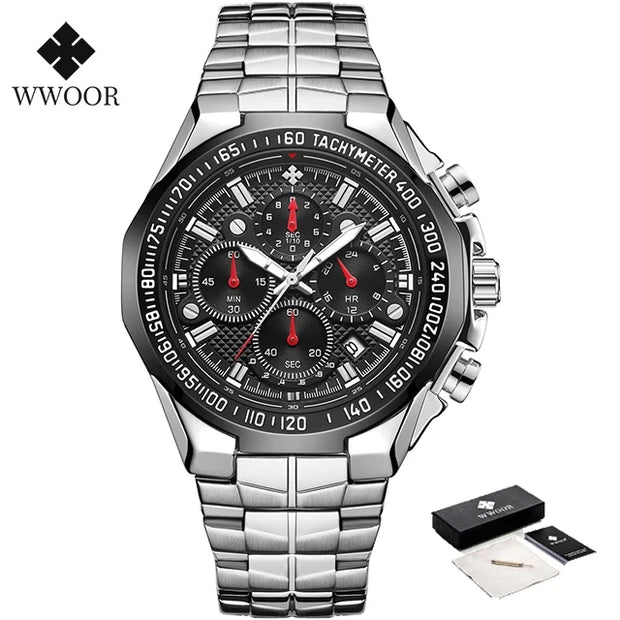 2024 WWOOR Men's Watch Top Brand Luxury Black Wrist Watch Fashion Sports Chronograph Steel Quartz Men Watches Relogio Masculino
