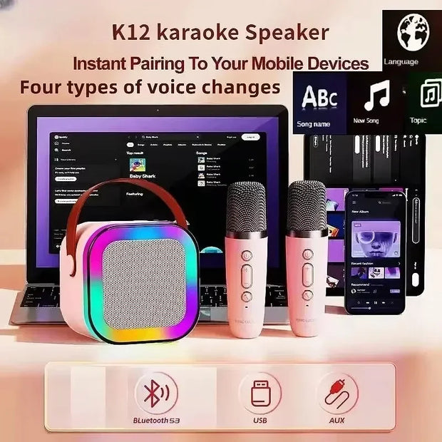 K12 Bluetooth speaker with 2 microphones for portable karaoke amplification system, home singing and children's gifts