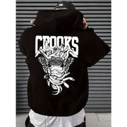 Hoodie - Black Pullover Sweater with Eye-catching Pattern, Street Style Daily Wear, Urban Fashion Casual Loose Trend