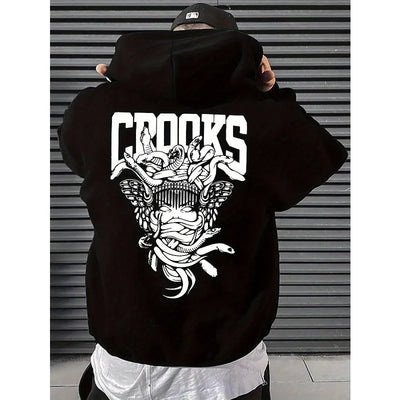 Hoodie - Black Pullover Sweater with Eye-catching Pattern, Street Style Daily Wear, Urban Fashion Casual Loose Trend