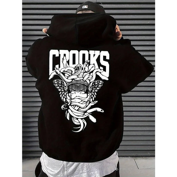 Hoodie - Black Pullover Sweater with Eye-catching Pattern, Street Style Daily Wear, Urban Fashion Casual Loose Trend