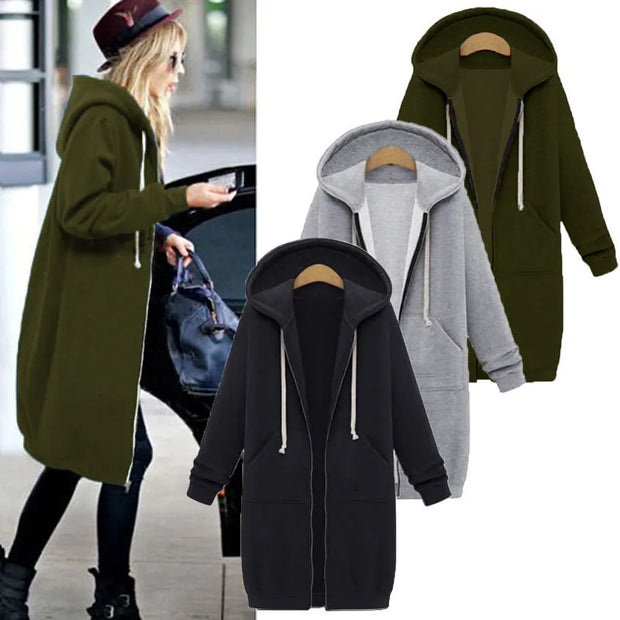 Hoodies Women 2022 New Autumn and Winter Thickening Loose Fashion Solid Color Pocket Design Top Hooded Long Sweatshirts Coat