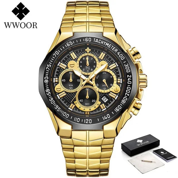 2024 WWOOR Men's Watch Top Brand Luxury Black Wrist Watch Fashion Sports Chronograph Steel Quartz Men Watches Relogio Masculino