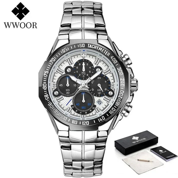 2024 WWOOR Men's Watch Top Brand Luxury Black Wrist Watch Fashion Sports Chronograph Steel Quartz Men Watches Relogio Masculino