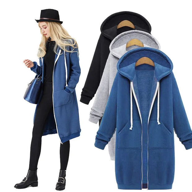 Hoodies Women 2022 New Autumn and Winter Thickening Loose Fashion Solid Color Pocket Design Top Hooded Long Sweatshirts Coat